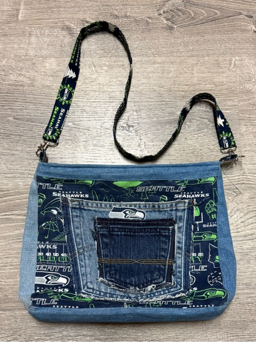 Seattle Seahawks Denim Crossbody Bag | Upcycled Purse NFL Fan Gear Artisan Tote - Picture 2 of 5